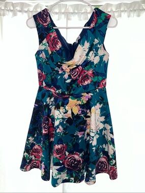 Emerald Sundae Teal Floral Cowl Neck Mini Dress